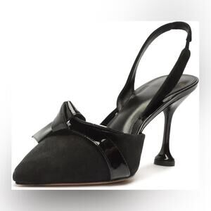 Alexandre Birman Clarita Slingback Flare Heel 85 Black Suede Patent Bow 37.5 7.5